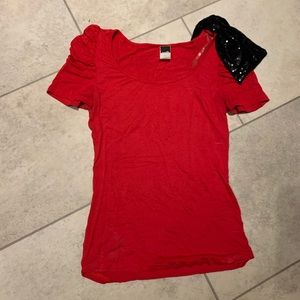 Red top with sequin bow